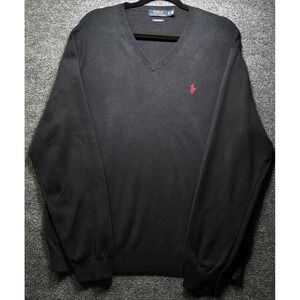 Polo‎ Ralph Lauren Mens V Neck Sweater XL Black Pima Cotton Red Pony Logo